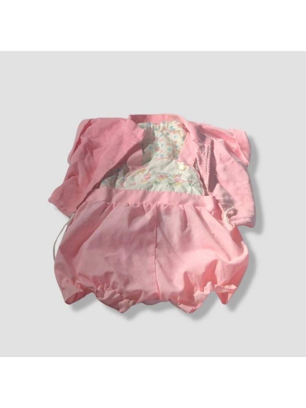 Vintage doll teddy bear outfit pink overalls floral shirt corduroy coat ruffles